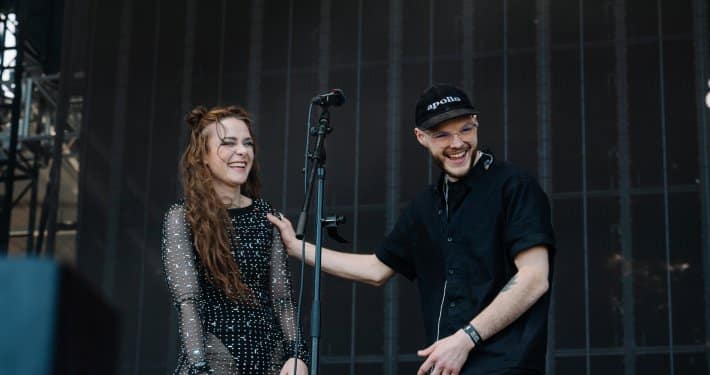 Ebony Plus Dylan, Melbourne acoustic and DJ duo, performing on stage